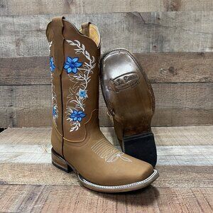 Woman's Western Cowgirl Rodeo Genuine Leather Tang with Blue Flowers Boots